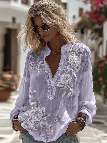 Women's Vintage Floral Embroidery Art Comfy Linen Shirts artswardrobe