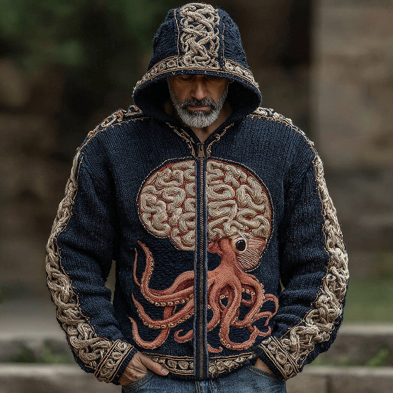 Halloween Cthulhu Octopus Human Brain Anatomy Inspired Celtic Knot Jacquard Zipper Hooded Cardigan artswardrobe