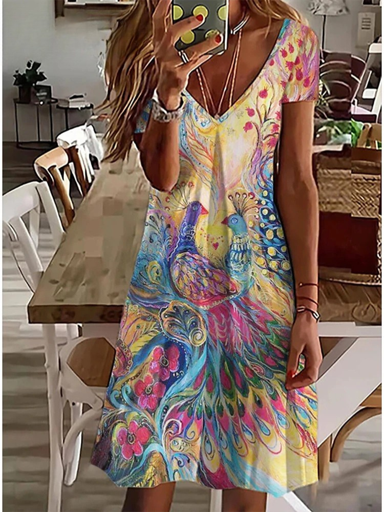 KL | Mujer Sundress Midi Vestido Manga Corta Estampado Floral Verano Casual Cuello en V Vestidos Sueltos Talla Grande 2024 Ropa de Mujer Vestidos