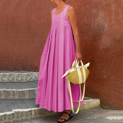 Women's Simple Wrinkled Solid Cotton And Linen Sleeveless Loose Long Dress artswardrobe
