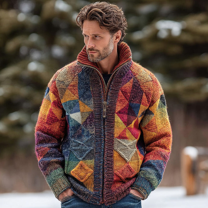 Men's Geometric Color Block Jacquard Zipper Up Knitted Cardigan artswardrobe