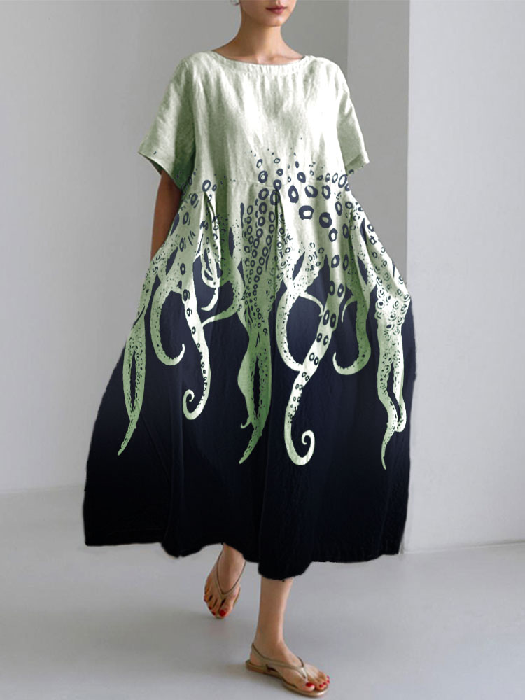 Comstylish Ocean Octopus Japanese Art Linen Blend Casual Dress
