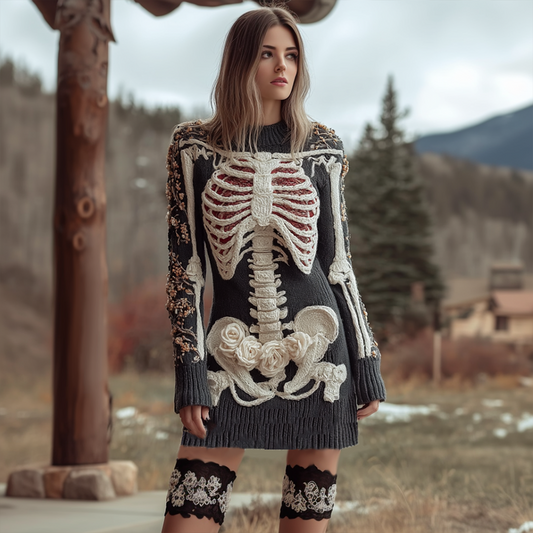 Comstylish Halloween Human Anatomy Pattern And Flower Pattern Combined Design Women's Round Neck Knit Sweater Dress