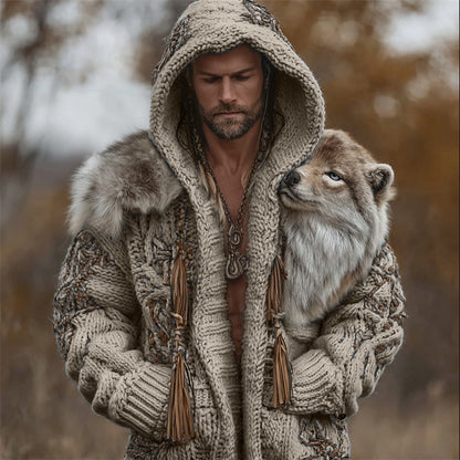 Men's Vintage Western Wild Wolf Chunky Hooded Cardigan artswardrobe