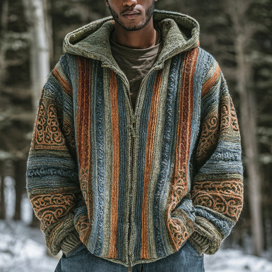 Men's Vintage Colorful Striped Celtic Jacquard Thick Warm Zip Hooded Sweater Cardigan elevenforest