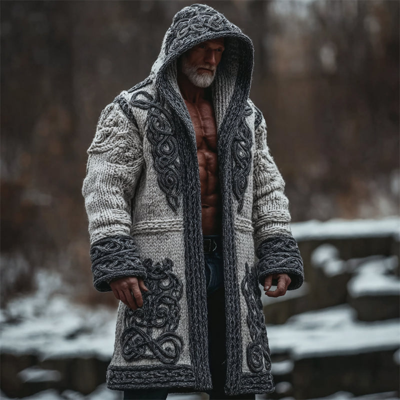 Men's Viking Celtic Knot Chunky Cozy Hooded Long Cardigan artswardrobe
