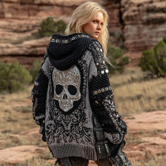 Women's Dark Style Skull Inspired Knitted Cozy Midi Hooded Cardigan elevenforest