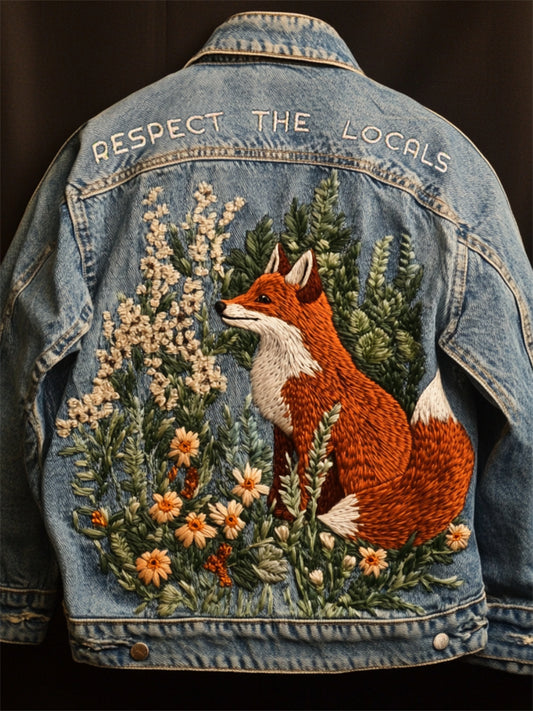 Respect The Locals Fox Floral Embroidered Denim Jacket artswardrobe
