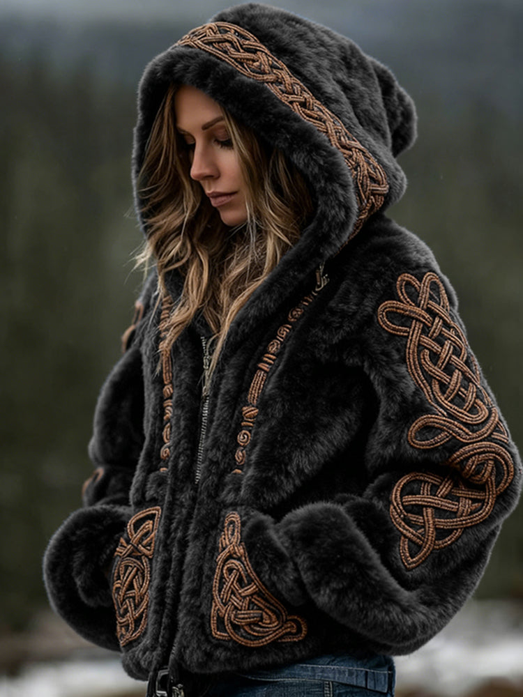 Comstylish Women's Viking Celtic Art Cozy Warm Flannel Hooded Jacket