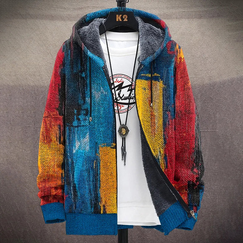 Men's Contrast Abstract Art Cozy Full Zip Hooded Cardigan elevenforest