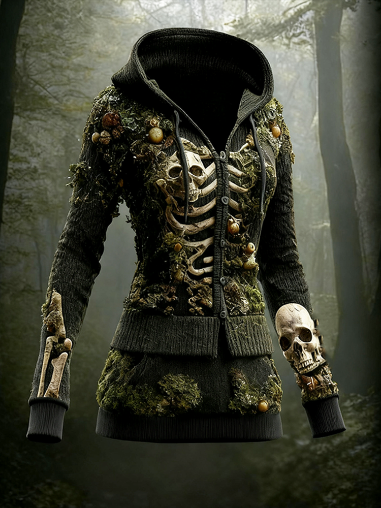 Comstylish Halloween Dark Forest Ladies' Knit Hooded Cardigan Sweater Jacket