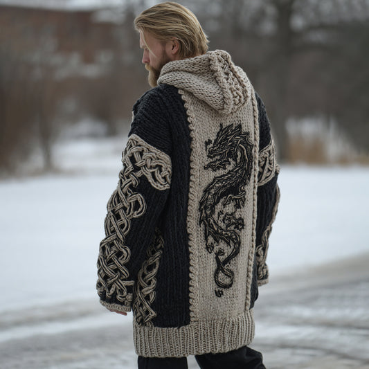 Men's Retro Viking Tribal Dragon Celtic Knot Art Hooded Cardigan artswardrobe