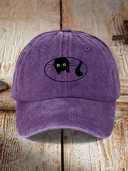 Japanese Art Black Cat Print Washed Hat elevenforest