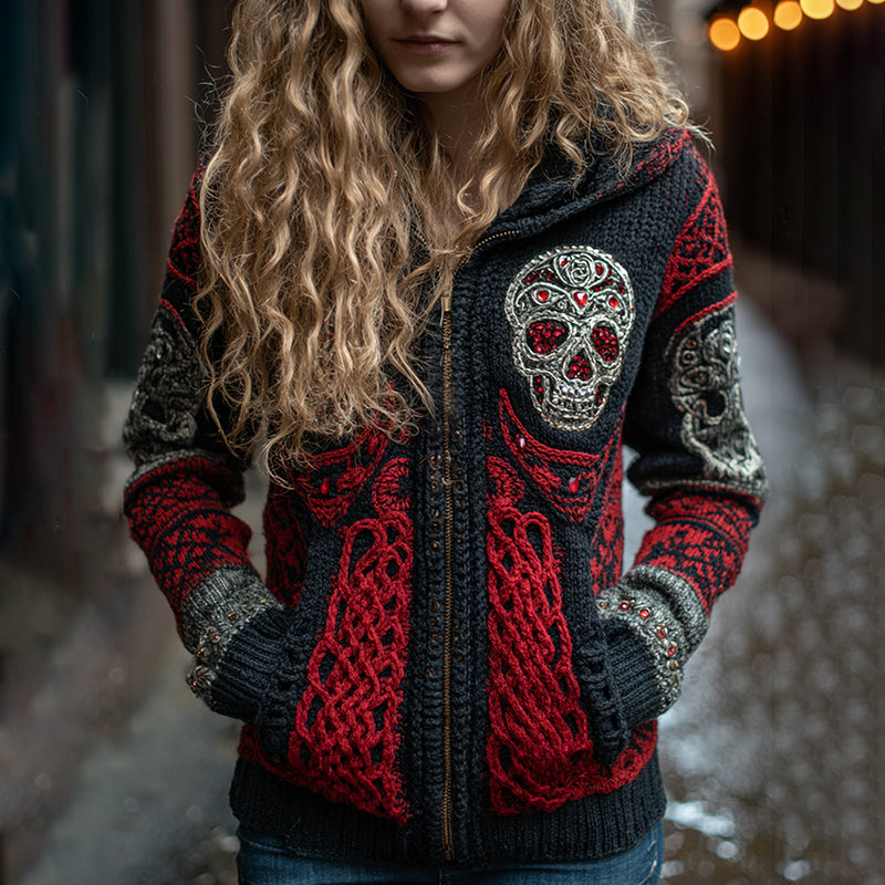 Women's Rose And Skull Inspired Chunky Zipper Knitted Hooded Cardigan elevenforest