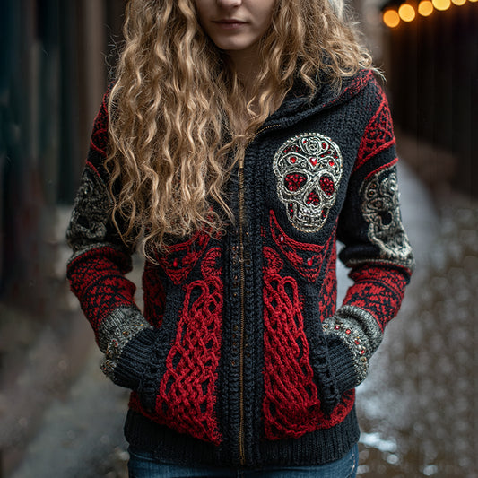 Women's Rose And Skull Inspired Chunky Zipper Knitted Hooded Cardigan elevenforest
