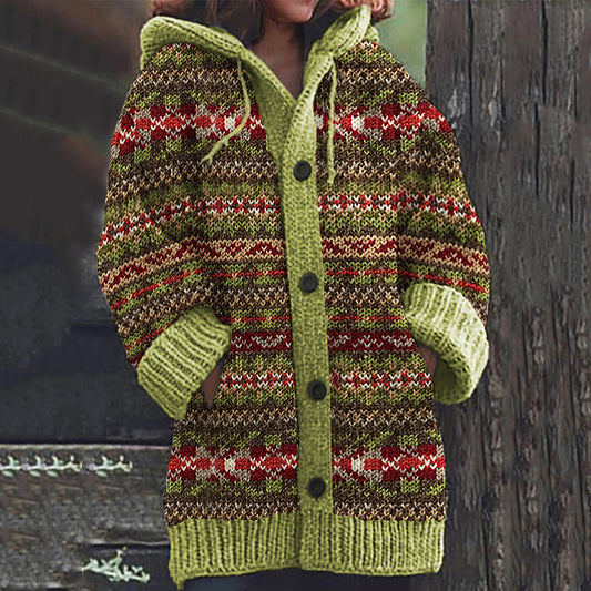 Vintage Fairman Island Geometric Print Hooded Sweater Cardigan elevenforest