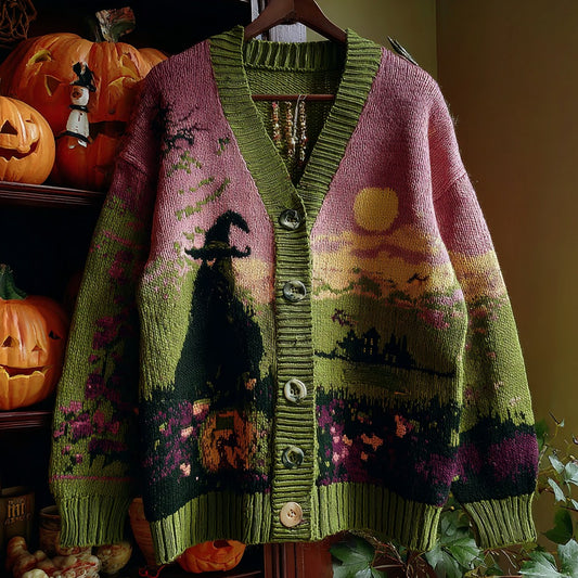 Halloween Witch Pattern Knitted Warm Sweater Cardigan elevenforest