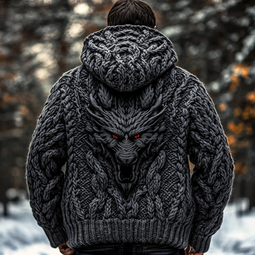 Men's Viking Dragon Totem Chunky Knit Hooded Cardigan artswardrobe