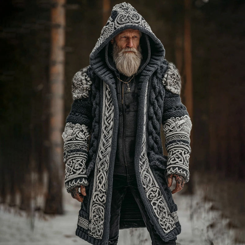 Men's Viking Celtic Knot Contrast Cozy Midi Cardigan Sweater artswardrobe