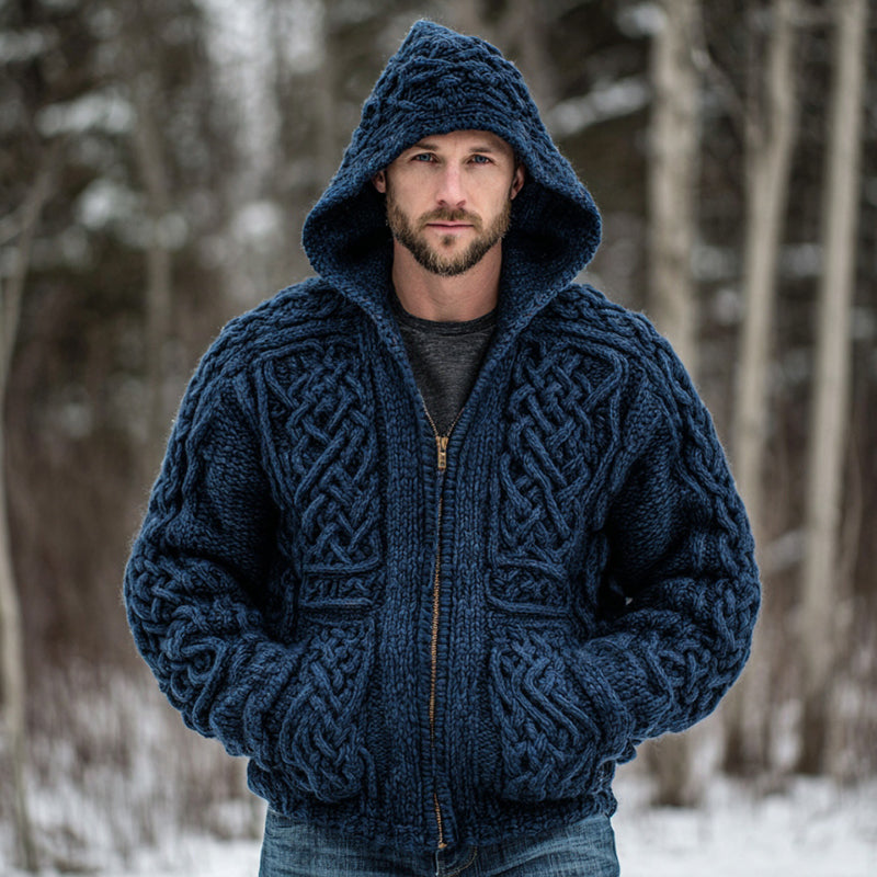 Men's Vintage Fairman Island Celtic Knot Art Jacquard Thick Warm Zip Hooded Sweater Cardigan artswardrobe