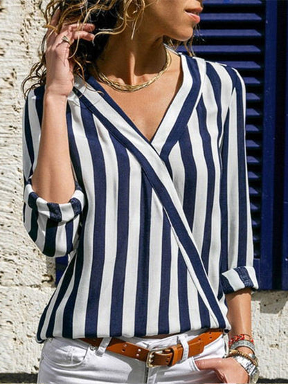 Comstylish Striped Linen Blend V-Neck Long Sleeve Shirt
