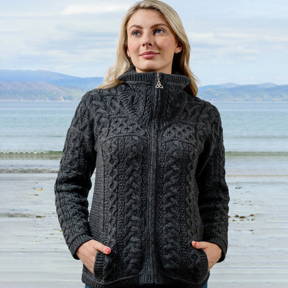 Women's Vintage Double Collar Zip Merino Aran Cardigan artswardrobe