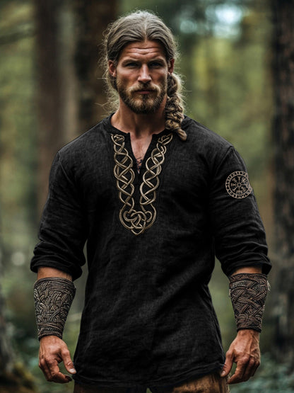 Men's Vintage Viking Symbol Linen V-neck Shirt artswardrobe