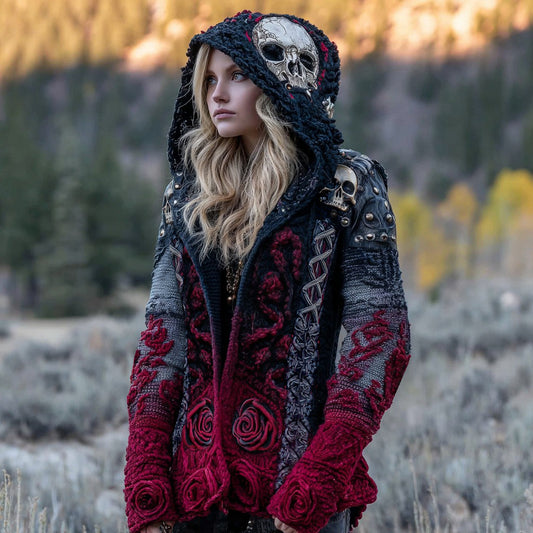 Women's Tribal Floral Skull Celtic Art Chunky Knit Hooded Sweater Cardigan artswardrobe