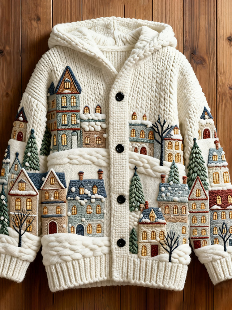 Christmas House Embroidered Women's Knit Hooded Cardigan