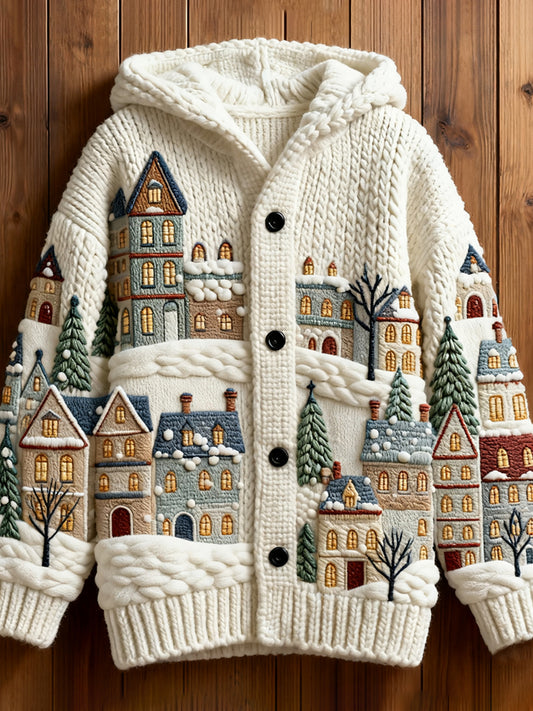 Christmas House Embroidered Women's Knit Hooded Cardigan