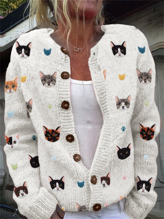 Comstylish Cats & Paw Prints Embroidered Cozy Knit Cardigan