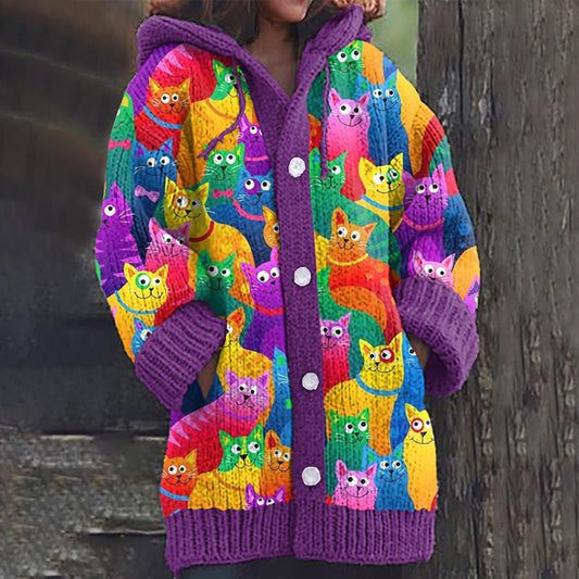 Vintage Colorful Cats Art Button Cozy Cardigan Sweater elevenforest