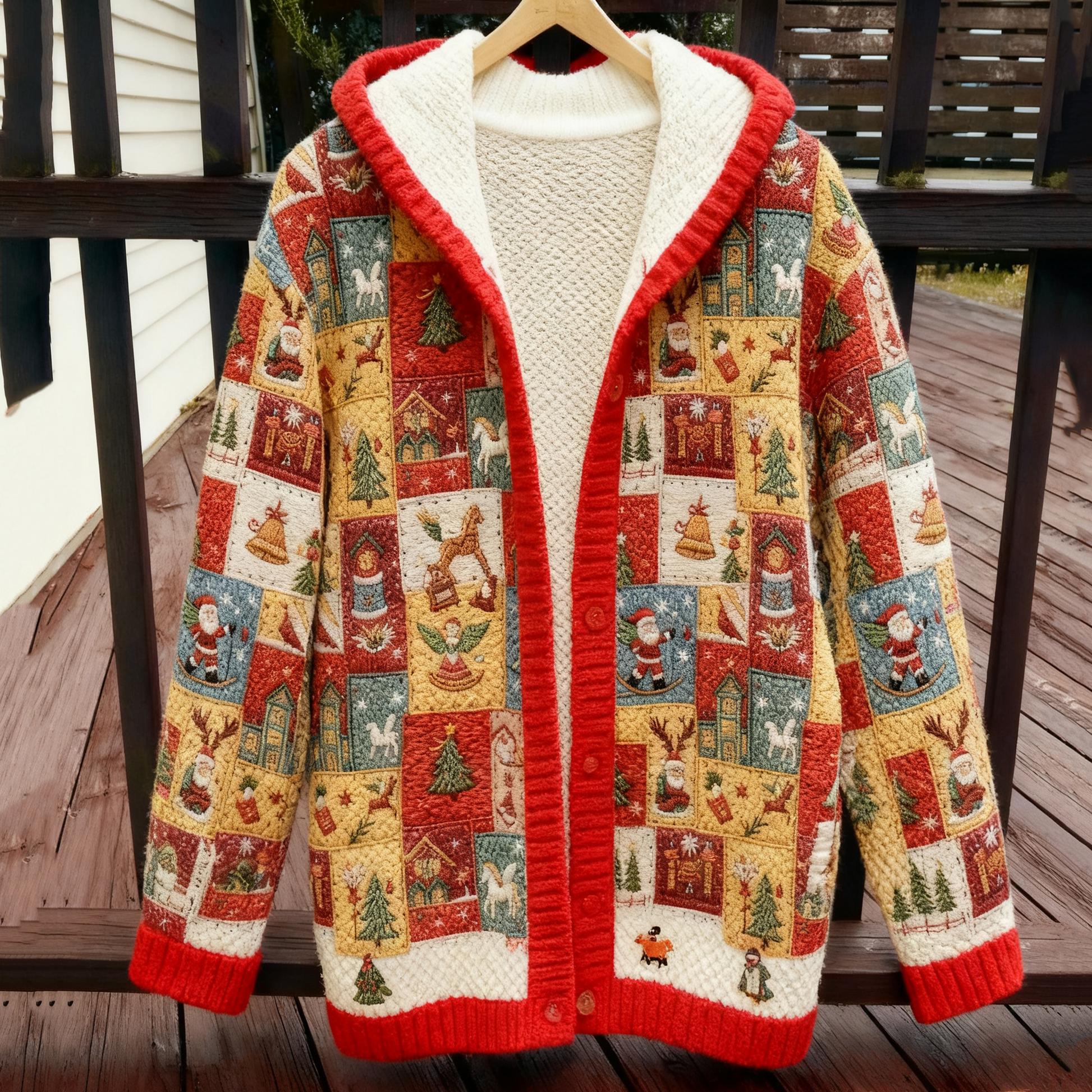 Women's Christmas Patchwork Contrast Print Cozy Sweater Cardigan artswardrobe