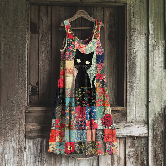 Vintage Cat Floral Patchwork Art Linen Blend Tank Dress artswardrobe