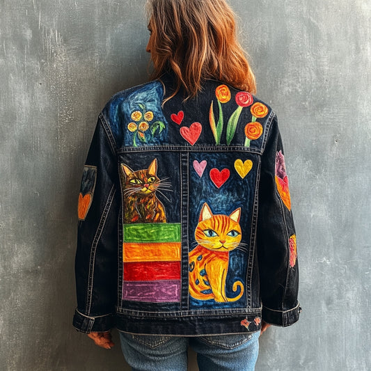 Women's Pop Art Cat Fun Pattern Denim Jacket elevenforest