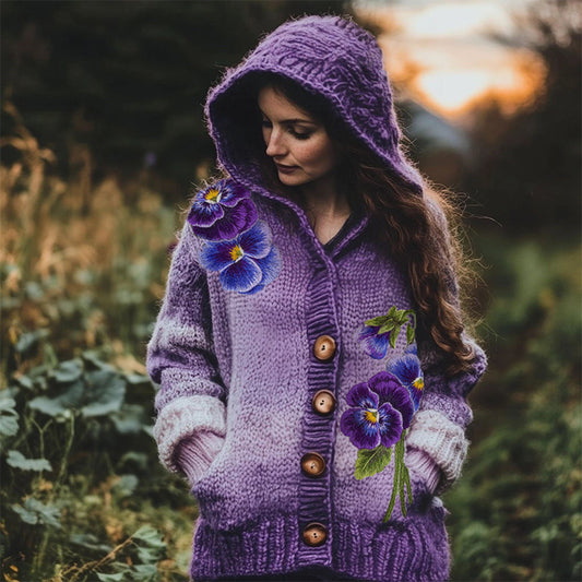 Women's Purple Pansy Floral Embroidery Pattern Cozy Knit Hooded Cardigan elevenforest