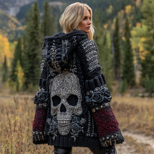 Women's Dark Style Skull And Rose Inspired Knitted Cozy Midi Hooded Cardigan elevenforest