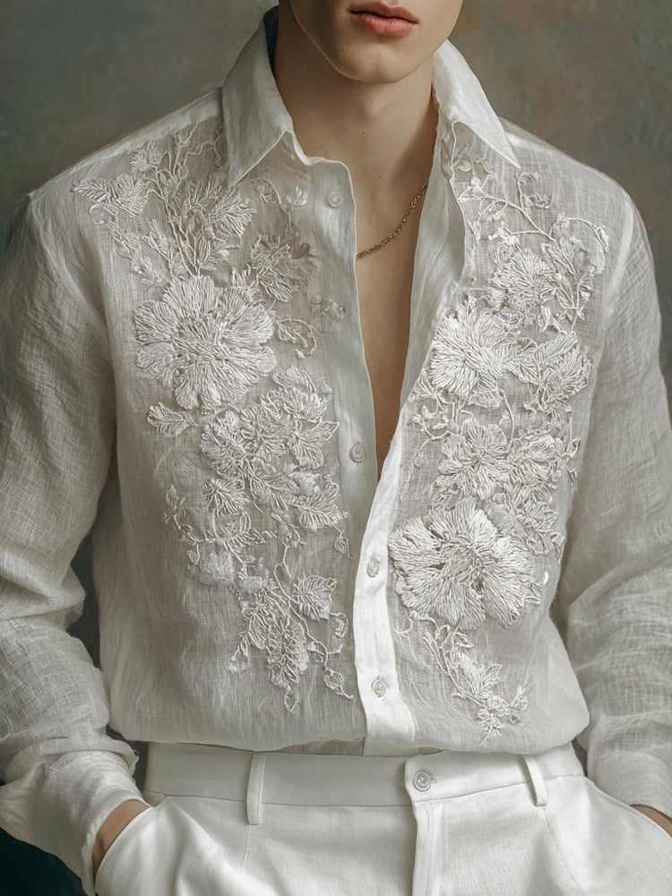 Men's Lace Flowers Embroidered Comfy Linen Blouse artswardrobe