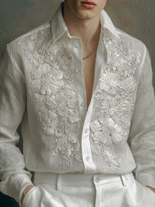 Men's Lace Flowers Embroidered Comfy Linen Blouse artswardrobe