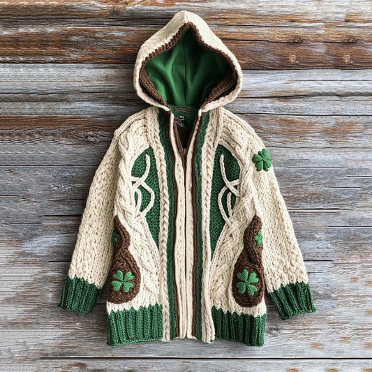 Women's Vintage Knit Four Leaf Clover Jacquard Hoodie Cardigan elevenforest