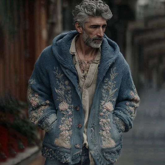 Men's Vintage Floral Gradient Art Jacquard Button Cardigan Sweater elevenforest