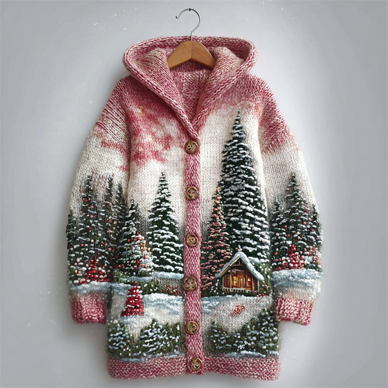 Snowy Christmas Landscape Cozy Knit Hooded Cardigan artswardrobe
