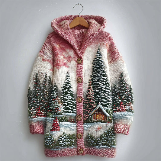 Snowy Christmas Landscape Cozy Knit Hooded Cardigan artswardrobe