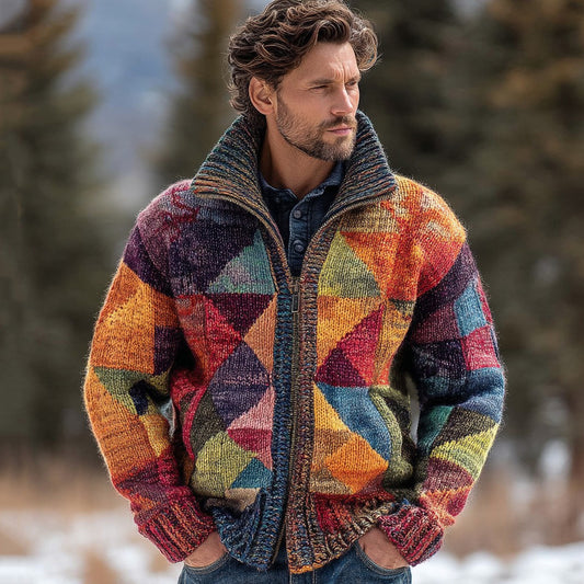 Men's Geometric Color Block Jacquard Zipper Up Knitted Cardigan artswardrobe
