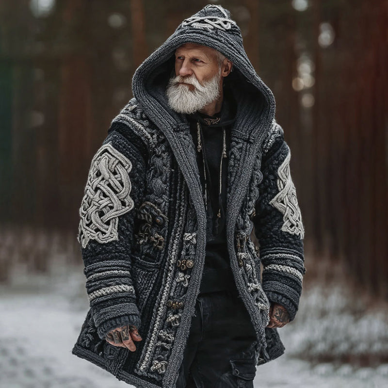 Men's Viking Celtic Geometry Pattern Art Cozy Knit Hooded Cardigan artswardrobe