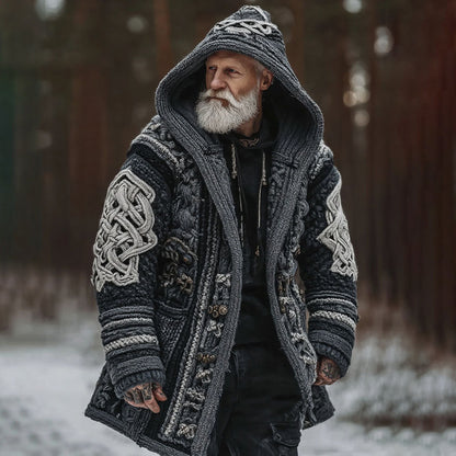 Men's Viking Celtic Geometry Pattern Art Cozy Knit Hooded Cardigan artswardrobe