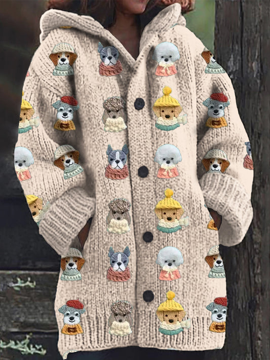 Comstylish Fun Hooded Dog Knit Women's Hooded Cardigan