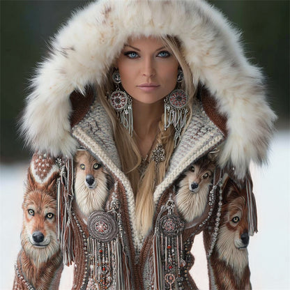 Vintage Western Wolf Turquoise Beaded Tassels Fur Trim Hooded Cardigan artswardrobe