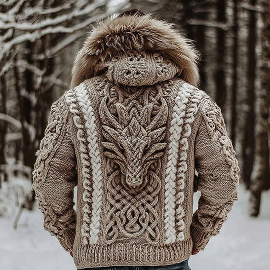 Men's Viking Tribal Dragon Celtic Chunky Knit Fuzzy Hooded Zipper Cardigan artswardrobe