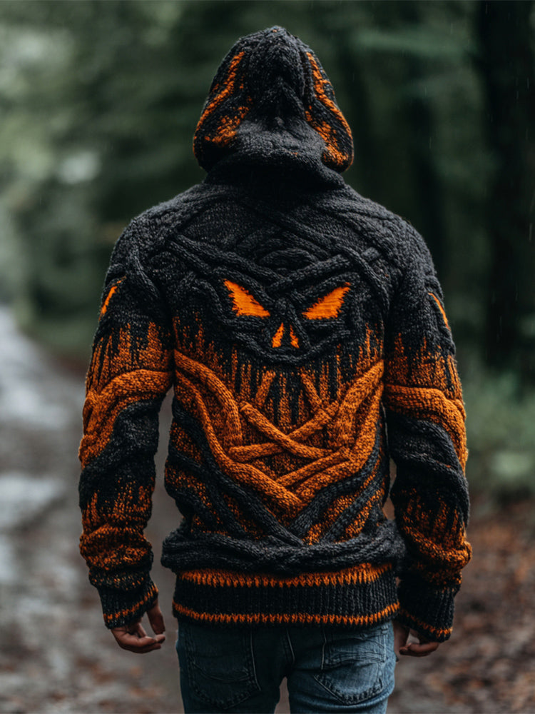 Halloween Evil Emoji Knit Art Men's Hooded Sweater Cardigan artswardrobe